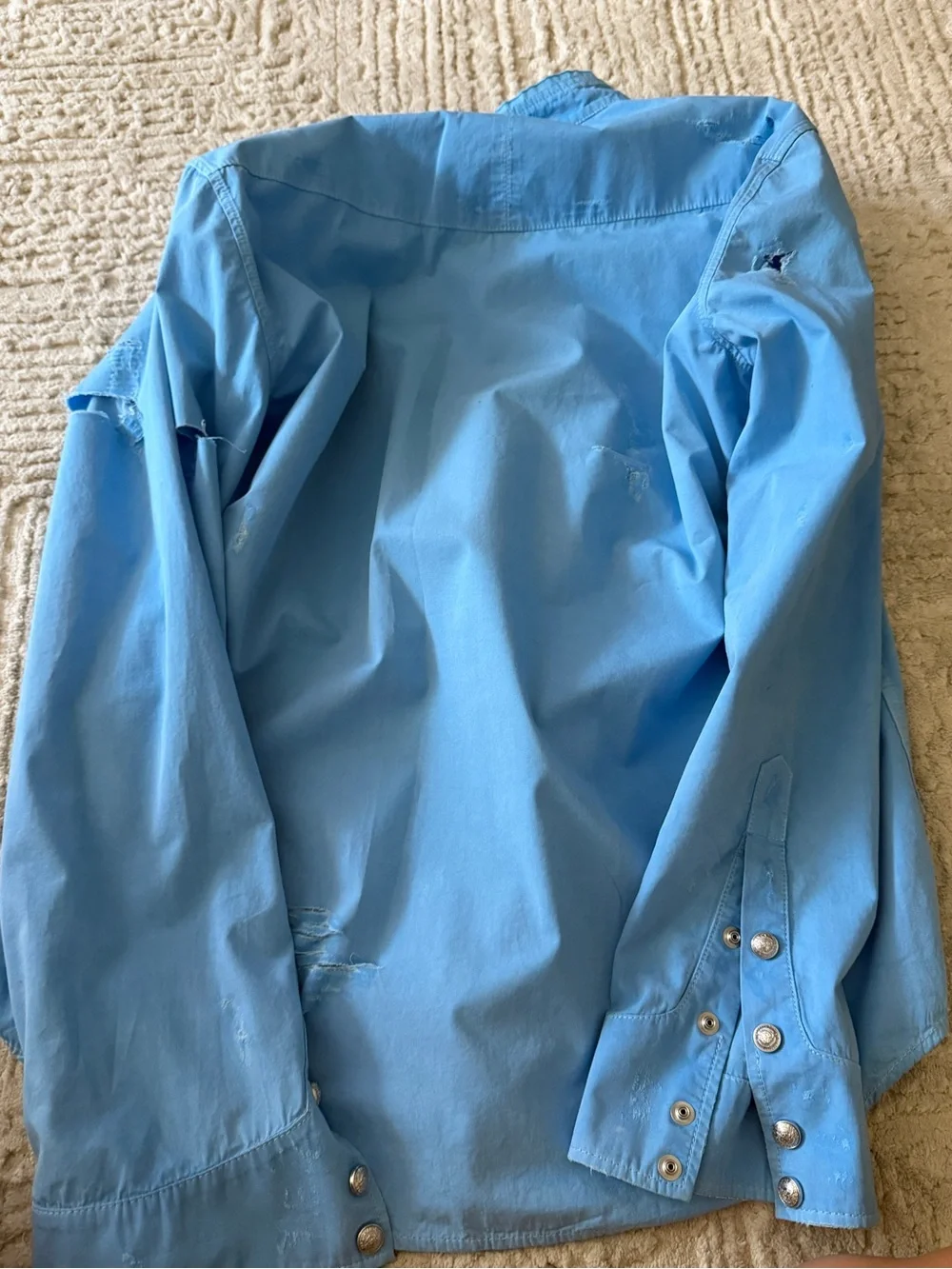 Balmain Light Blue Distressed Button-Front Shirt Jacket
